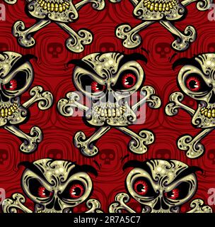 Verrückte Schädel, nahtloses Muster. Schädel mit wütendem Blick, rote Augen, gelbe Zähne und Kreuzknochen. Vektorhintergrund. Geschichtet, einfach zu bearbeiten. Stock Vektor
