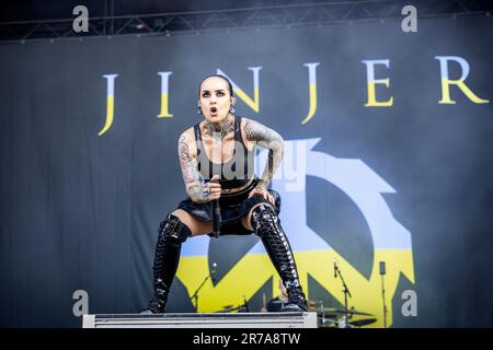 Solvesborg, Schweden. 07., Juni 2023. Die ukrainische Heavy Metal Band Jinjer führt während des schwedischen Musikfestivals Sweden Rock Festival 2023 in Solvesborg ein Live-Konzert auf. Hier wird die Sängerin Tatiana Shmailyuk live auf der Bühne gesehen. (Foto: Gonzales Photo - Terje Dokken). Stockfoto