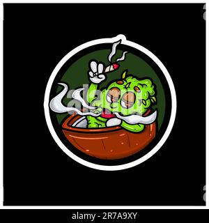 Circle Sticker Logo und Weed Bud auf der Kokosnuss-Cartoon-Figur. Perfekt für Logos und Produktetiketten. Vektoren und Illustrationen. Stock Vektor