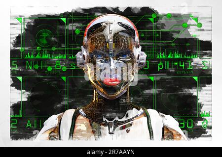 Künstlerische 3D-Darstellung eines Cyborgs mit künstlicher Intelligenz Stockfoto