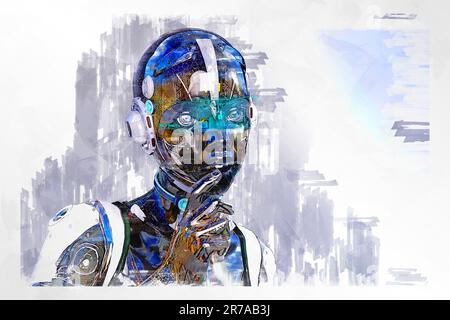 Künstlerische 3D-Darstellung eines Cyborgs mit künstlicher Intelligenz Stockfoto