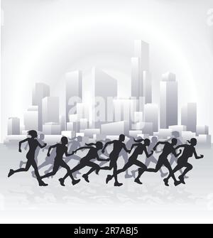 Läufer laufen in einer Großstadt mit einer Stadtlandschaft Skyline im Hintergrund. Stock Vektor