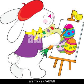 Ein als Künstler verkleidetes Häschen malt ein Porträt von Ostereiern. Er benutzt eine Karotte als Pinsel Stock Vektor