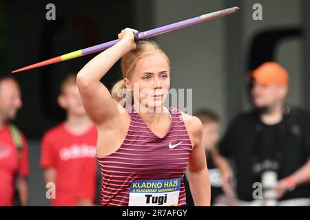 Kladno, Tschechische Republik. 13. Juni 2023. Der estnische Sportler Gedly Tugi tritt am 13. Juni 2023 in Kladno, Tschechische Republik, während der Kladno-Würfe, der internationalen Sportveranstaltung, im Speerwurf an. Kredit: Michal Kamaryt/CTK Photo/Alamy Live News Stockfoto