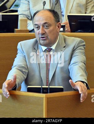 Namur, Belgien. 14. Juni 2023. Willy Borsus, Vizepräsident der Wallonischen Föderation, wurde auf einer Plenartagung des Wallonischen Parlaments am Mittwoch, den 14. Juni 2023 in Namur fotografiert. BELGA FOTO ERIC LALMAND Kredit: Belga News Agency/Alamy Live News Stockfoto