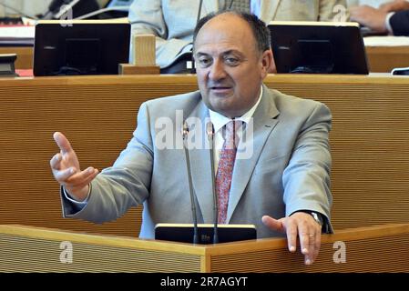 Namur, Belgien. 14. Juni 2023. Willy Borsus, Vizepräsident der Wallonischen Föderation, wurde auf einer Plenartagung des Wallonischen Parlaments am Mittwoch, den 14. Juni 2023 in Namur fotografiert. BELGA FOTO ERIC LALMAND Kredit: Belga News Agency/Alamy Live News Stockfoto