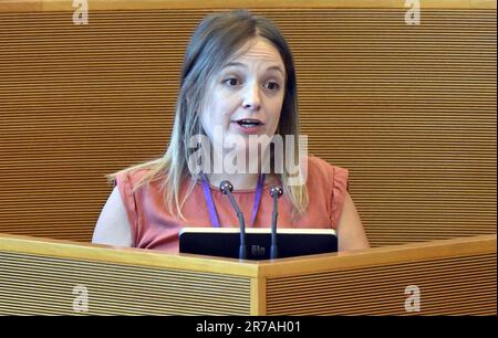 Namur, Belgien. 14. Juni 2023. Der Amandine Pavet von PTB wurde auf einer Plenartagung des Wallonischen Parlaments am Mittwoch, den 14. Juni 2023 in Namur fotografiert. BELGA FOTO ERIC LALMAND Kredit: Belga News Agency/Alamy Live News Stockfoto