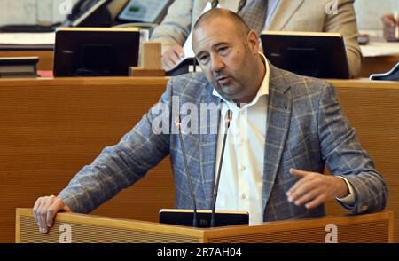 Namur, Belgien. 14. Juni 2023. PS' Christophe Collignon, das auf einer Plenartagung des Wallonischen Parlaments am Mittwoch, den 14. Juni 2023 in Namur gezeigt wurde. BELGA FOTO ERIC LALMAND Kredit: Belga News Agency/Alamy Live News Stockfoto