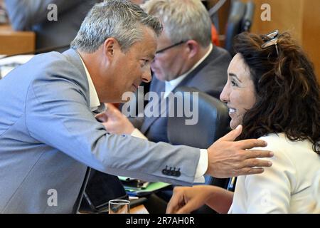 Namur, Belgien. 14. Juni 2023. Laurent Devin von PS und der stellvertretende Ministerpräsident von Wallonien, Christie Morreale, wurden auf einer Plenartagung des wallonischen Parlaments am Mittwoch, den 14. Juni 2023 in Namur vorgestellt. BELGA FOTO ERIC LALMAND Kredit: Belga News Agency/Alamy Live News Stockfoto