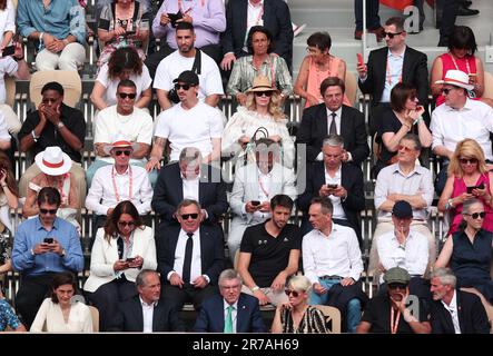 Paris, Frankreich. 11. Juni 2023. PARIS, FRANKREICH auf der 11. JUNI 2023; Thomas BACH - IOC-Präsident, Kylian MBAPPE, Football Pro und Zlatan IBRAHIMOVIC und Ehefrau (R), Yannick NOAH, (schwarzes Polohemd = ) TONY ESTANGUET, PRÄSIDENT DES PARISER Finalspiels 2024TENNIS zwischen Novak DJOKOVIC (Serbien) und Casper RUUD (Norwegen) – FINALE der French Open 2023 bei Roland Garros am Hof Philippe Chatrier in Paris am 11. Juni 2023. - Copyright © Fabien BOUKLA/ATP images (BOUKLA Fabien/ATP/SPP) Credit: SPP Sport Press Photo. Alamy Live News Stockfoto