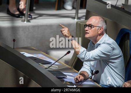 Brüssel, Belgien. 14. Juni 2023. Gesten von Groen Bjorn Rzoska während einer Plenarsitzung des Flämischen Parlaments am Mittwoch, den 14. Juni 2023 in Brüssel. BELGA FOTO JONAS ROOSENS Kredit: Belga News Agency/Alamy Live News Stockfoto