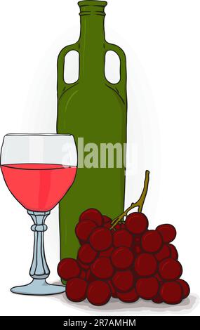 Einfache Vektorzeichnung - eine Flasche und ein Glas Wein und Trauben, eps8 Stock Vektor