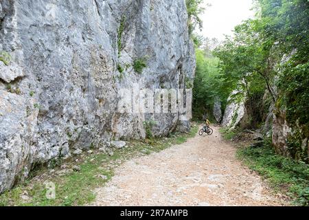 Tourist, ein Radfahrer auf dem Mountainbike, auf einem alten Weg zwischen den Felswänden in der Nähe des Dorfes CEPIC in der Nähe von Buzet auf der Halbinsel Istrien, Kroatien Stockfoto