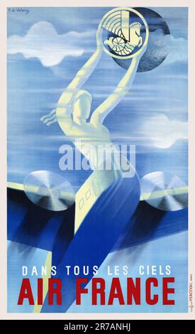 Air France. Dans tous les ciels von Roger De Valerio (1886-1951). Poster wurde 1937 in Frankreich veröffentlicht. Stockfoto