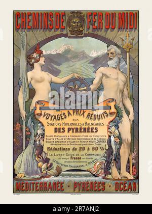 Chemins de fer du Midi. Voyages à prix réduits aux Stations Hivernales von Paul-Adolphe Kauffmann (1849-1940). Poster wurde 1900 in Frankreich veröffentlicht. Stockfoto
