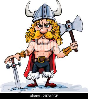 Cartoon-wikinger mit einer großen Axt. Isoliert auf weiß Stock Vektor