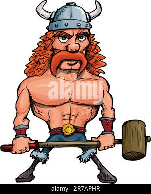 Cartoon-Wikinger mit einem großen Hammer. Isoliert auf weiss Stock Vektor