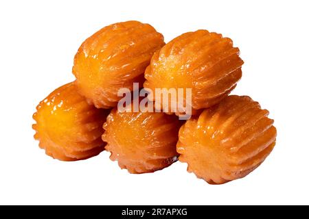 Tulumba-Dessert. Ramadan-Süßigkeiten. Traditionelle türkische Köstlichkeiten. Tulumba-Dessert mit Sirup isoliert auf weißem Hintergrund. Schließen Stockfoto