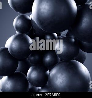 Abstrakte schwarze Gummi- oder Betonkugeln auf schwarzem Hintergrund. Stockfoto