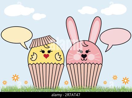 cupcake-Häschen und Hühnchen, ostern-Hintergrund Stock Vektor