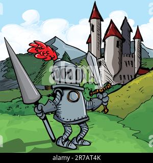 Cartoon-Ritter in Rüstung mit Speer. Er ist auf einem Feld vor einem Schloss Stock Vektor