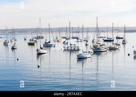 Saling-Boote, die an einem nebligen Herbstmorgen an Bojen in einem Hafen festgemacht wurden Stockfoto