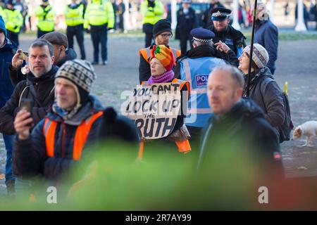Die Teilnehmer versammeln sich zu einer Just Stop Oil Rallye am Parliament Square im Zentrum von London. Stockfoto