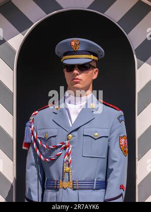 HRADCANY, PRAG, TSCHECHISCHE REPUBLIK, EUROPA - Prager Burgwache in Wachtposten am Westtor zur Prager Burg, Hradcany Platz. Stockfoto