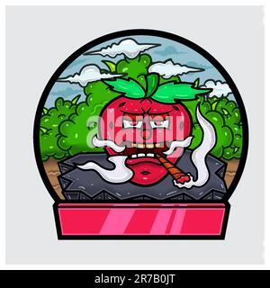 Erdbeerobst Cartoon Charakter Rauchen Im Dschungel. Leeres Schild und kreisförmiges Logo. Vektoren und Illustrationen. Stock Vektor
