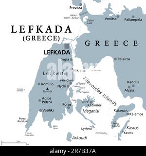 Lefkada, Regionaleinheit, graue politische Karte. Teil der Ionischen Inseln in Griechenland, auch bekannt als Lefkas, Leukas oder Leucadia. Mit Den Tilevoides-Inseln. Stockfoto