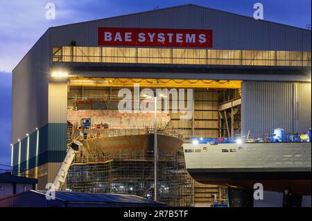 Die zukünftige HMS Cardiff wird derzeit auf der Werft von BAE Systems in Govan, Glasgow, gebaut. Das Schiff ist das zweite von acht Typ-26-Fregatten. Stockfoto