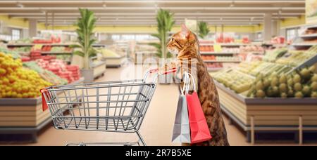 Eine Katze mit einem Einkaufswagen in einem Supermarkt. Speicherplatz kopieren. Stockfoto