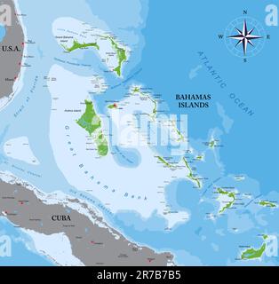 Sehr detaillierte physische Karte der Bahamas-Inseln im Vektorformat, mit allen Reliefformen, Regionen und Großstädten. Stock Vektor