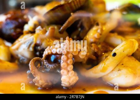 Gegrilltes galizisches Oktopusbein mit Sauce auf dem Teller im Restaurant aus nächster Nähe Stockfoto