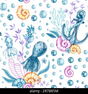 Aquarell Kinder Muster mit Unterwasserwelt. Kindermuster für Stoffe, Tapeten, Kleidung, Textilien, Verpackungen Stockfoto