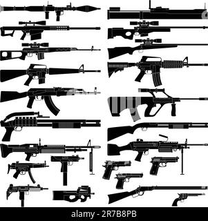 Mehrschichtige Vektordarstellung verschiedener Waffen. Stock Vektor