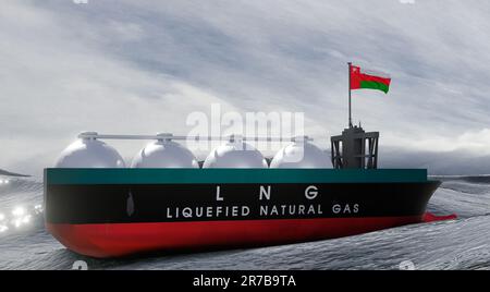 Flüssigerdgas Oman, Oman-Gasreserve, LNG-Speichertank, Erdgastank Oman mit Flagge Oman, Genehmigung für Gas, 3D Arbeit und 3D Bild Stockfoto