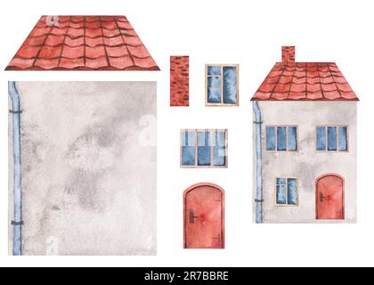 Ein Haus in Aquarellfarben mit einer Tür und Fenstern, einem gefliesten Dach, Treppen und Blumentöpfen. Gruppe von Elementen auf weißem Hintergrund. Illustration für Postkarten, Bücher Stockfoto