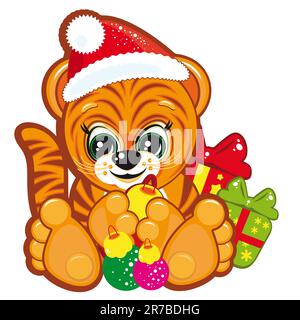 Tiger mit Weihnachtsmannmütze und Geschenken Stock Vektor