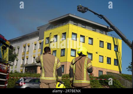 Edinburgh, Schottland, Großbritannien. 14. Juni 2023 Feuerwehrleute gehen einem Feuer in einem Wohnblock neben der East Craigs Primary School im East Craigs District von Edinburgh entgegen. die Schule wurde evakuiert und die Anwohner in der Nähe rieten, die Fenster zu schließen. Iain Masterton/Alamy Live News Stockfoto