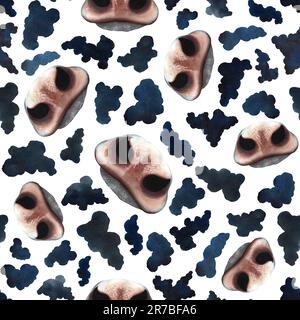 Kuhflecken und Kuhnasen nahtloses Muster. Auf weißem Hintergrund. Handgezeichnete Aquarell-Illustration. Milchstruktur für Designdrucke. Sich wiederholendes Motto Stockfoto