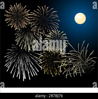 Silbernen und Goldenen Feuerwerk mit Mond im Hintergrund Stock Vektor