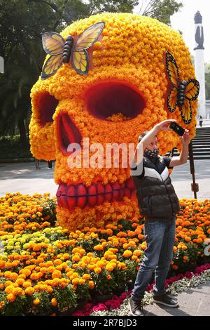 Ein junger Mann macht ein Selfie vor einem riesigen Schädel bedeckt mit mexikanischen Marigold-Blumen und Monarch-Schmetterlingen, die zur Feier des Todestages im Chapultepec Park am 29. Oktober 2022 in Mexiko-Stadt, Mexiko, ausgestellt werden. Stockfoto