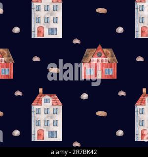 Wasserfarbenes, nahtloses Muster mit roten Dachhäusern, Balkon, Kieseln. Isolierter Clipart auf dunklem Hintergrund. Illustration für Textil, Verpackung Stockfoto