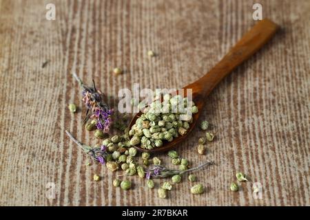 Thymian ätherisches Öl und Heap von trockenem Thymian in Holzlöffel und in Schüssel auf Holzgrund. Getrocknete Gewürz zahter Thymian und Öl Konzept Stockfoto