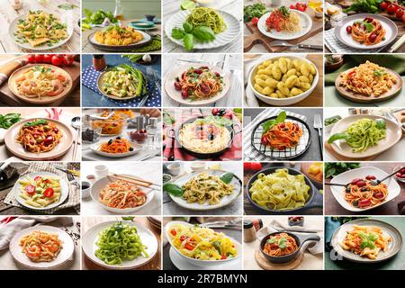 Collage mit verschiedenen Arten italienischer Pasta Stockfoto