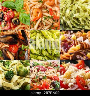 Collage mit verschiedenen Arten italienischer Pasta Stockfoto