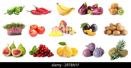 Collage aus frischem Gemüse und Früchten, isoliert auf Weiß Stockfoto