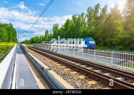 Eisenbahntraktion. Personenzug auf der Eisenbahnbrücke. Stockfoto