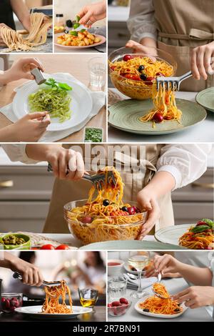 Collage mit verschiedenen Arten italienischer Pasta Stockfoto